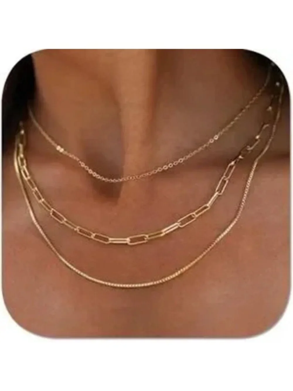 Gold 14k Gold Plated 3pc Papperclip Chain Necklace Set